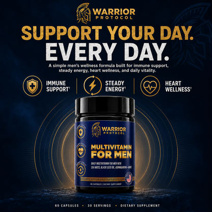 Warrior Protocol multivitamin for men supplement with brand logo and product details on a dark background