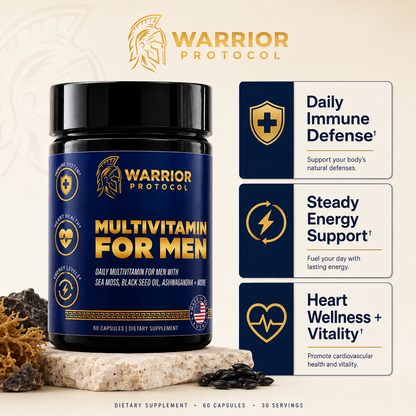 Warrior Protocol Multivitamin for Men supplement jar with branding and product features on a beige background