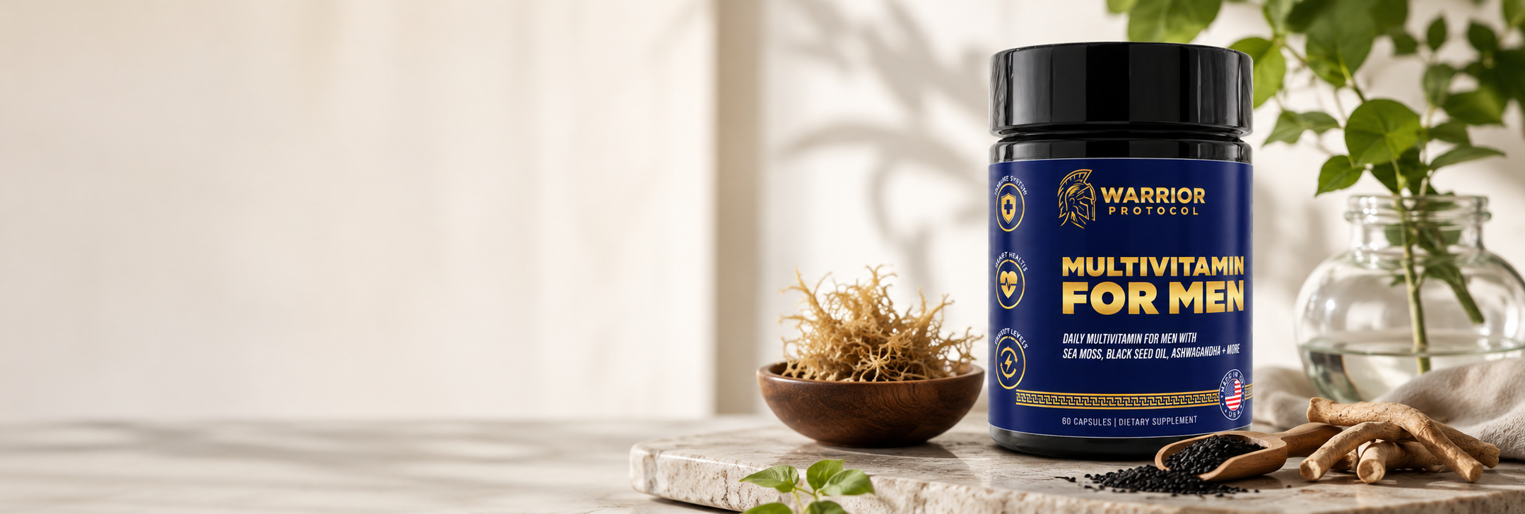 Multivitamin for men supplement bottle on a wooden surface with plants in the background