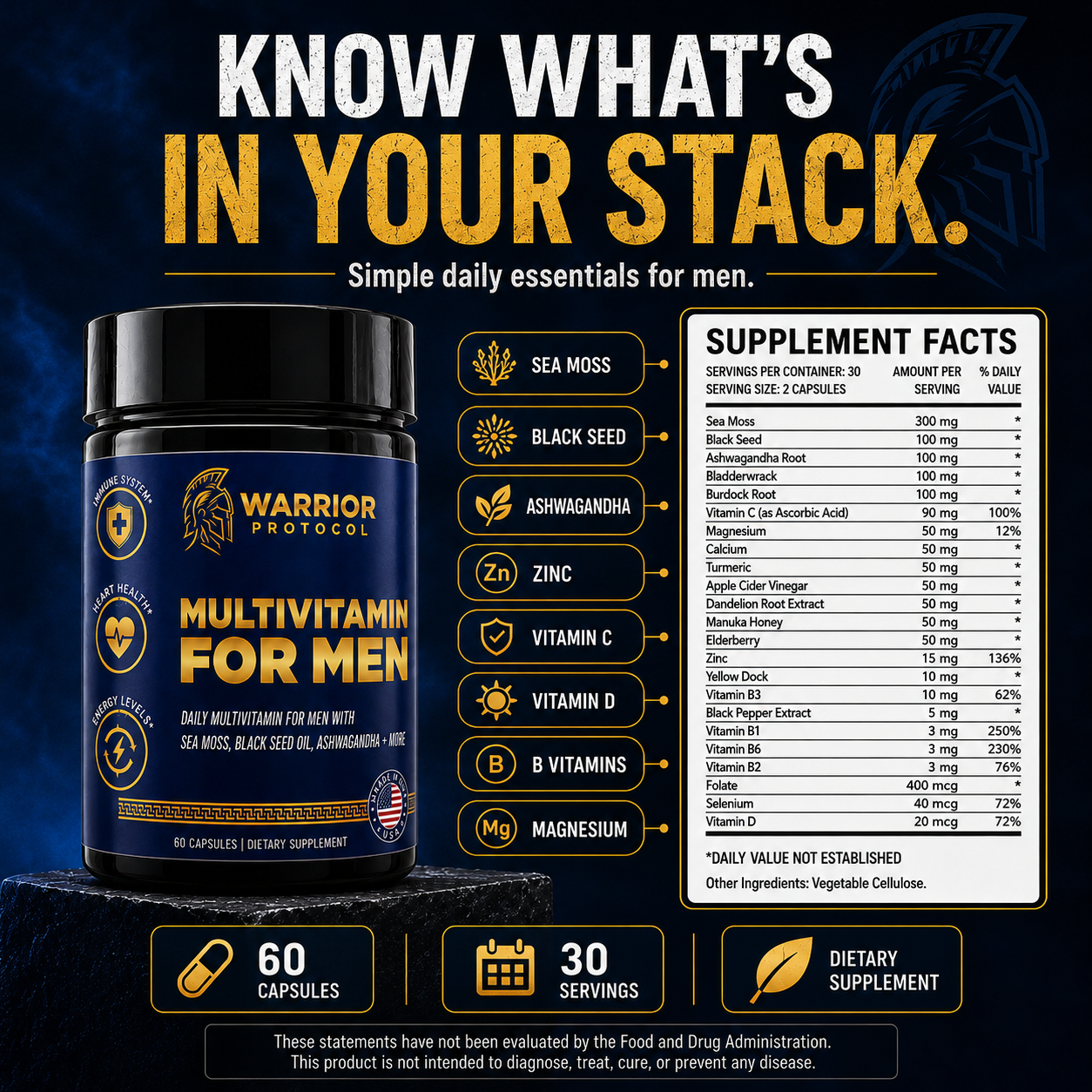 Multivitamin for men supplement with label and ingredients list on a dark background