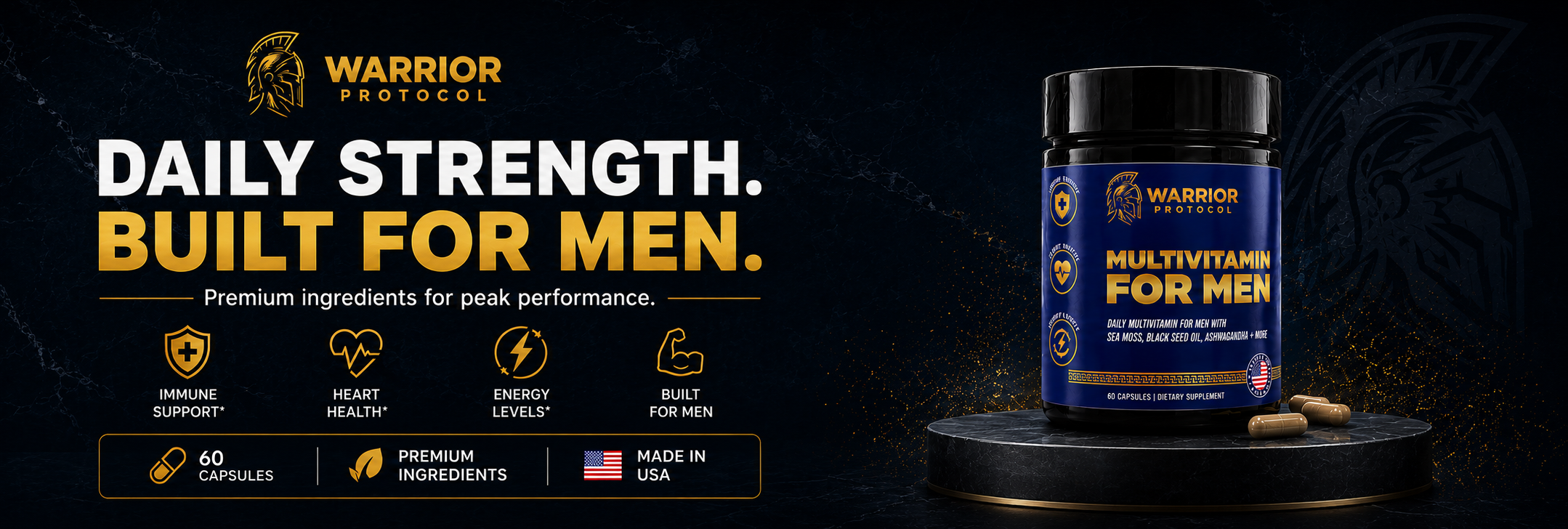 Multivitamin supplement for men with branding and product details on a dark background