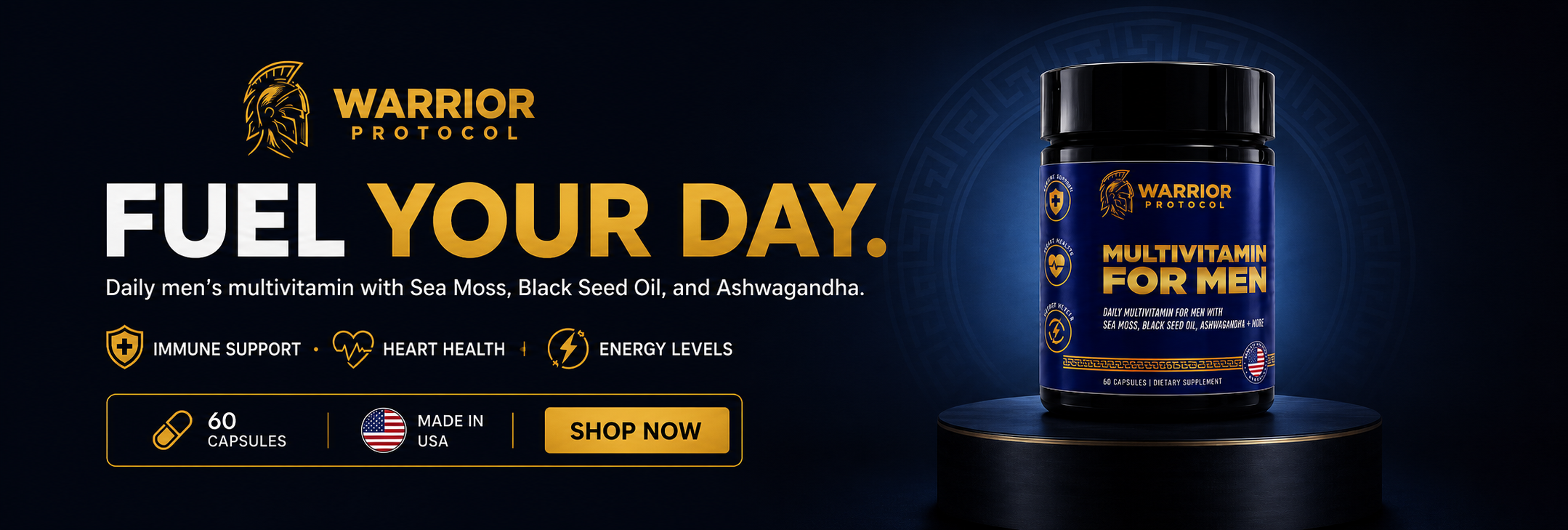Multivitamin container for men with 'Warrior Protocol' branding on a dark background