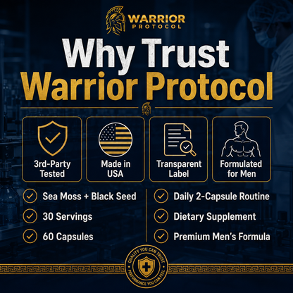 Advertisement for Warrior Protocol with features listed on a dark background