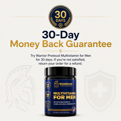 Warrior Protocol Multivitamin for Men supplement jar with 30-Day Money Back Guarantee text on a white background.